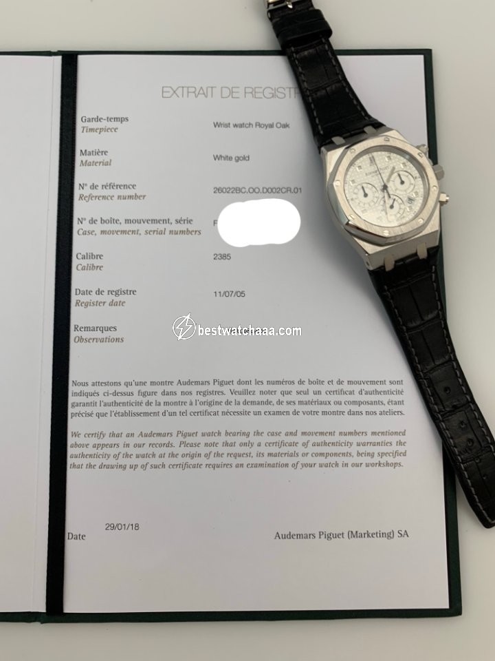 IMG_9081 Audemars Piguet Royal Oak Chronograph Mens watch Unisex Automatic White gold 26022BC.OO.D002CR.01 Replica 6